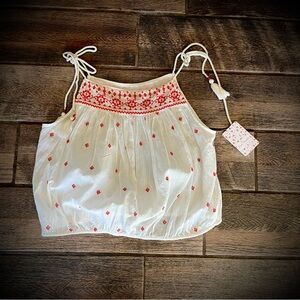 Free People cotton sleeveless peasant top white with red embroidery L